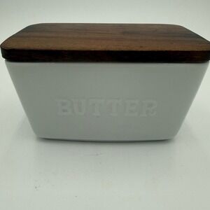 Better Homes & Gardens White Ceramic Butter Dish with Dark Wood Lid Farmhouse